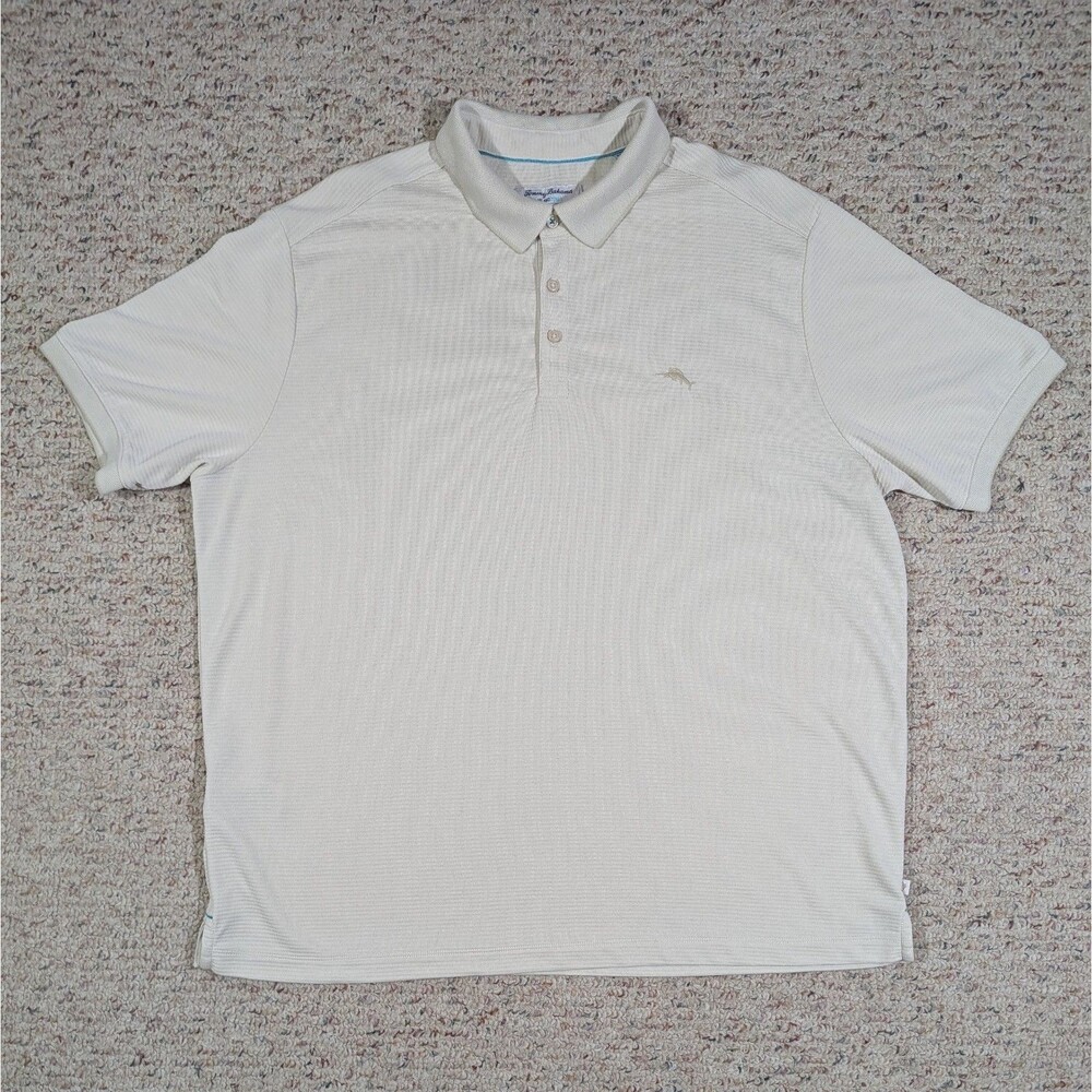 Tommy Bahama Island Zone Polo Shirt Mens XXL Cream Ribbed Tencel Modal/Polyester